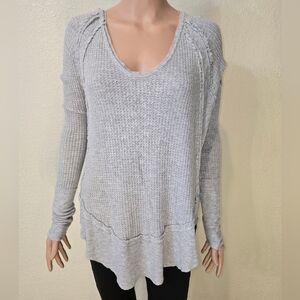 WE THE FREE PEOPLE Thermal Waffle Knit Sweater Top Gray Ruffled Hem Small